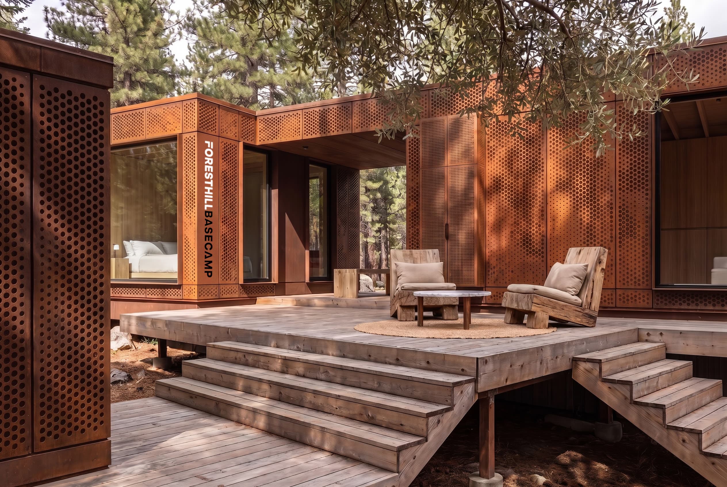 Corten cabins around a raised deck in the pines, with lounge chairs and a bed visible through the glass