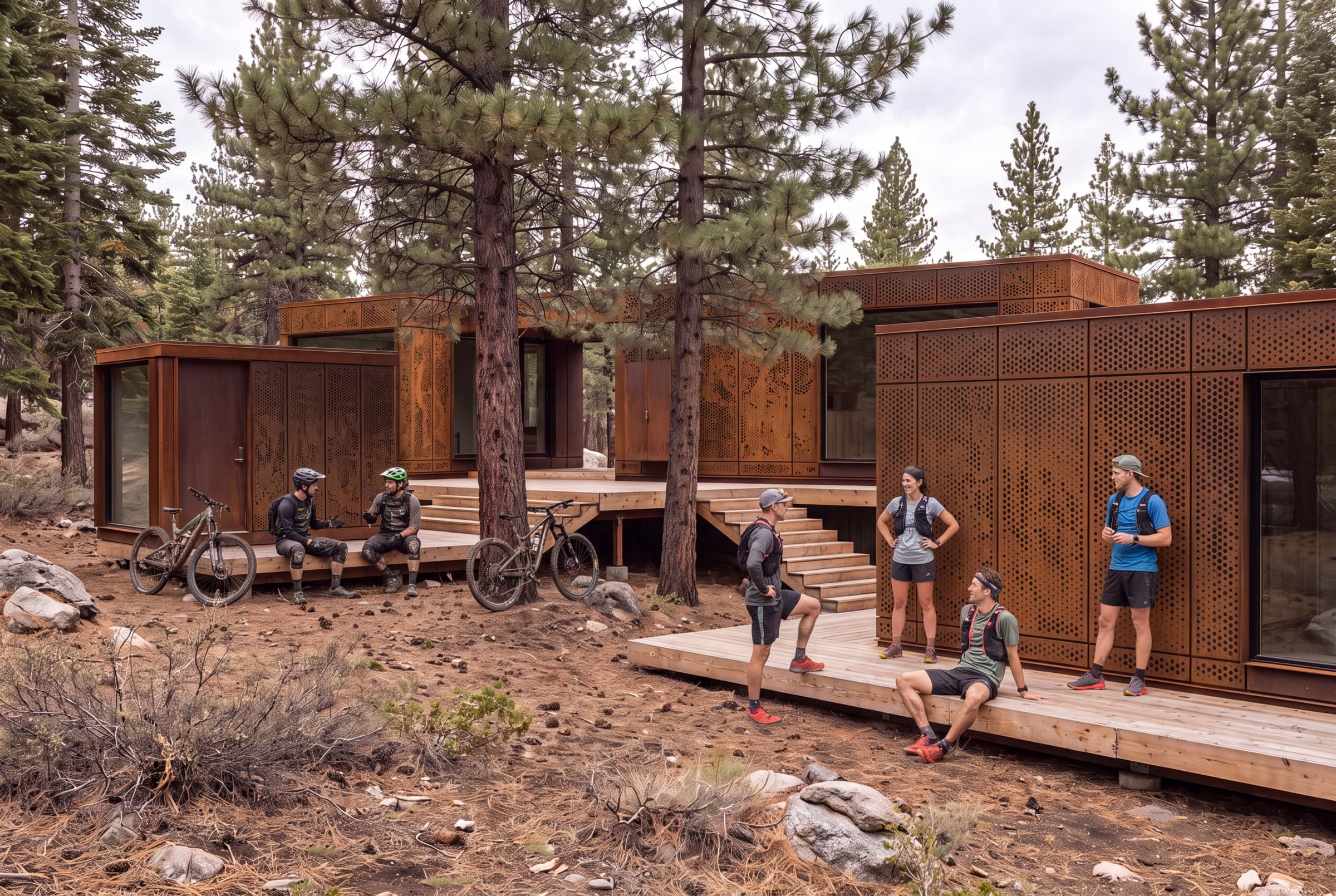Riders and runners resting on the decks of the cabins after a day out