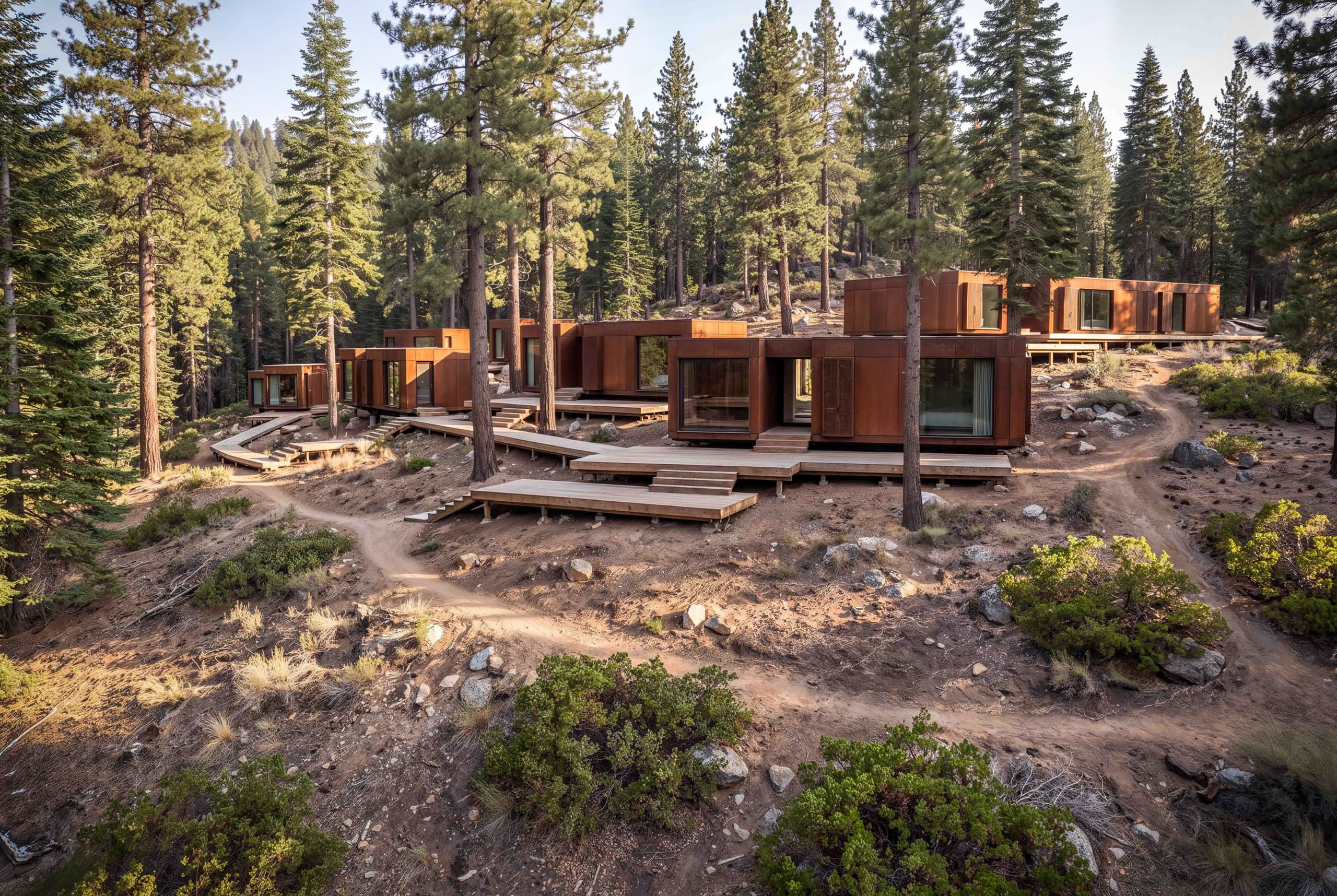 Site render: corten cabins stepped along a wooded hillside, linked by timber decks and boardwalks