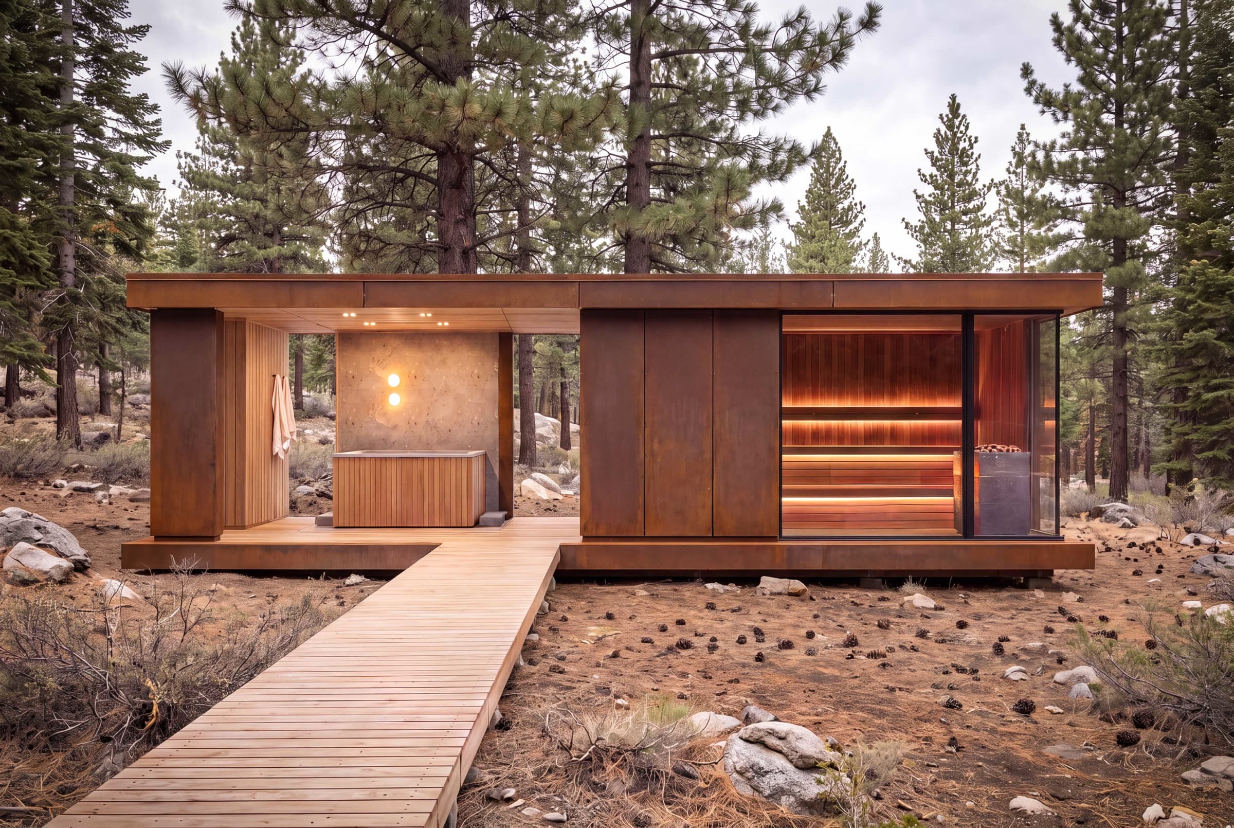 The corten bathhouse in the pines: a glass-walled cedar sauna alongside a covered plunge and shower area
