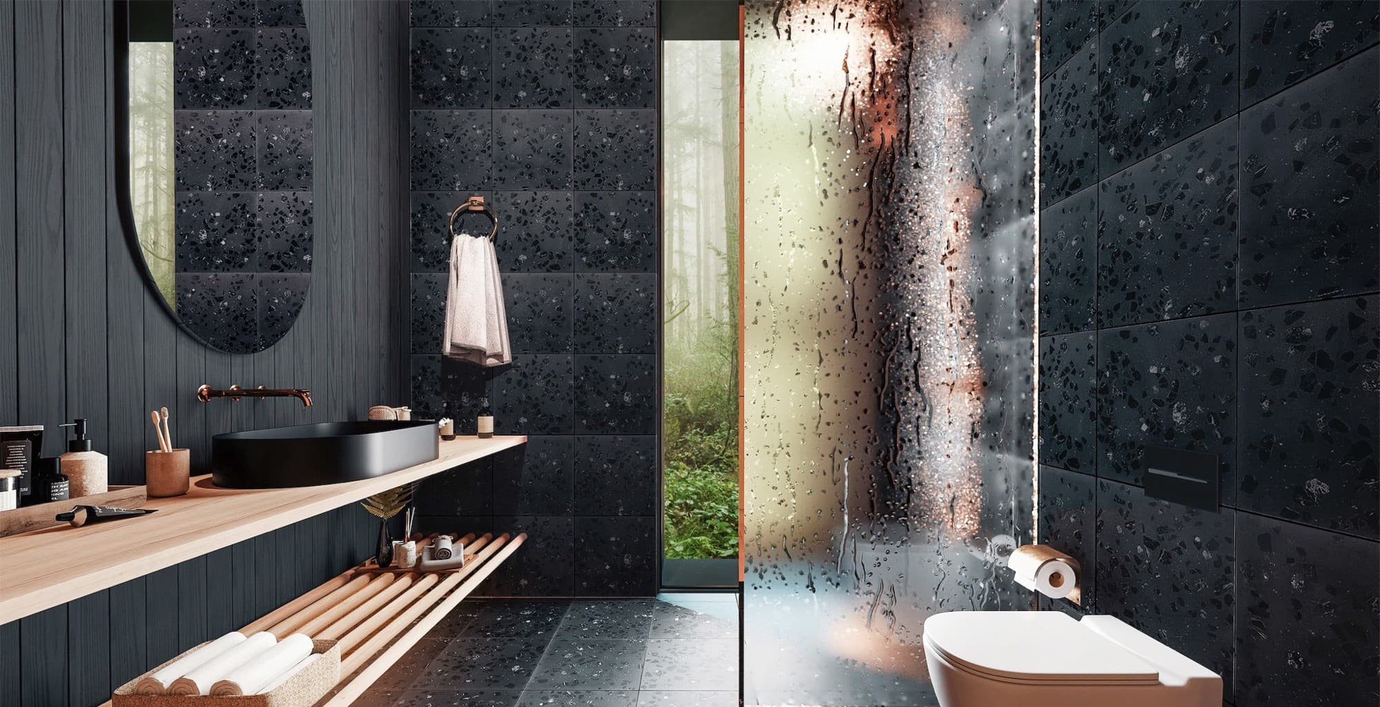 The bath inside an ELMNTL unit: black terrazzo, warm wood, and a steamed-up shower