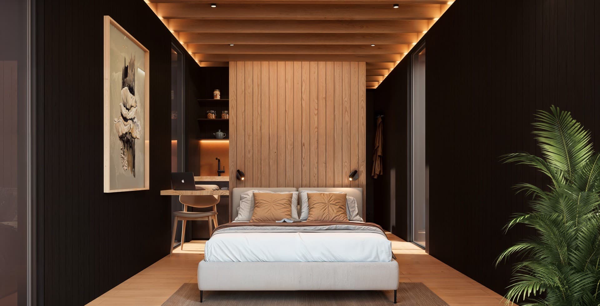 The bedroom of an ELMNTL unit